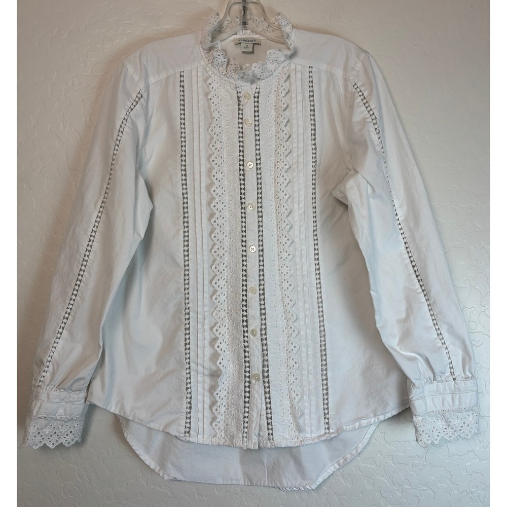 Sundance White Cotton Lace Trim Pintuck Button Front‎ Blouse Women's M 2031